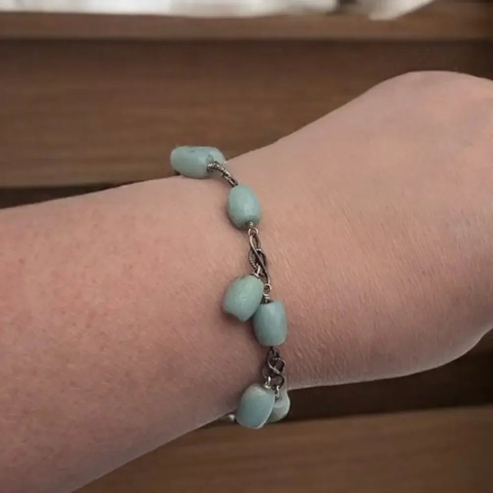 Soft Blue Tones & Silver Accent Vintage Beaded Stone Charm Bracelet – Boho Chic